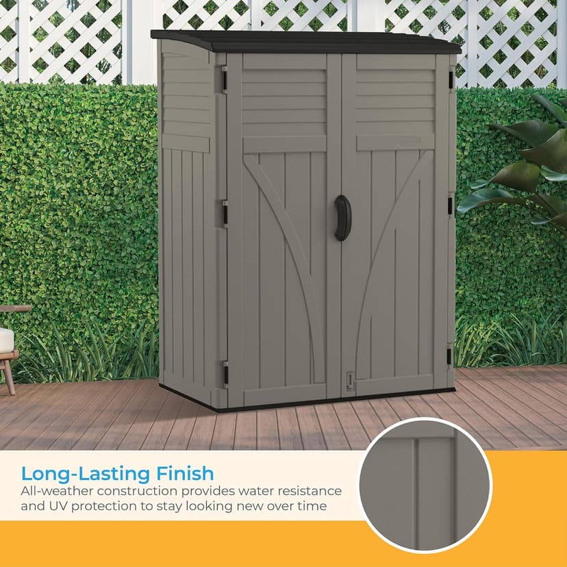 Suncast 54 Cubic Ft. Vertical Resin Outdoor Storage Shed with Lockable Double Doors, Weather-Resistant Multi-Wall Panels, Customizable Shelving, Stoney, Made in the USA