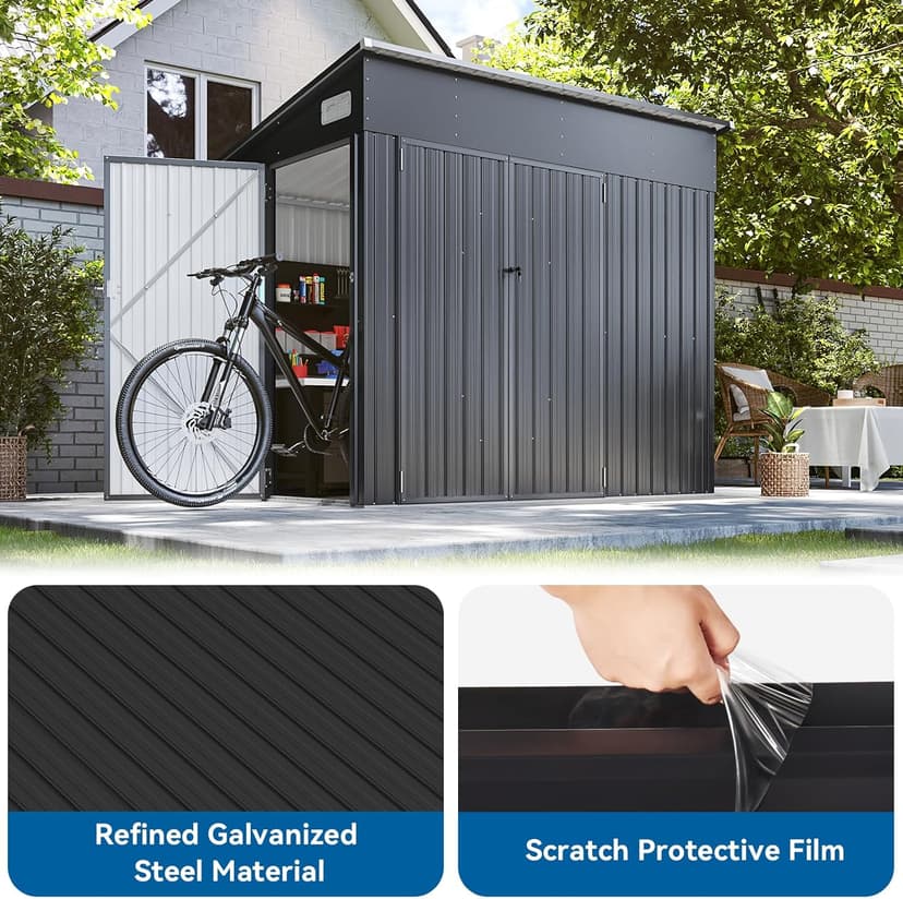 194 cu.ft Shed 7.3x5.3 Ft Premium Galvanized Steel Storage Sheds with Triple Doors Weatherproof Outdoor Utility Sheds, Dual Lock Lean to Shed for Mower, Bike, Generator, Garden Tools (Black)