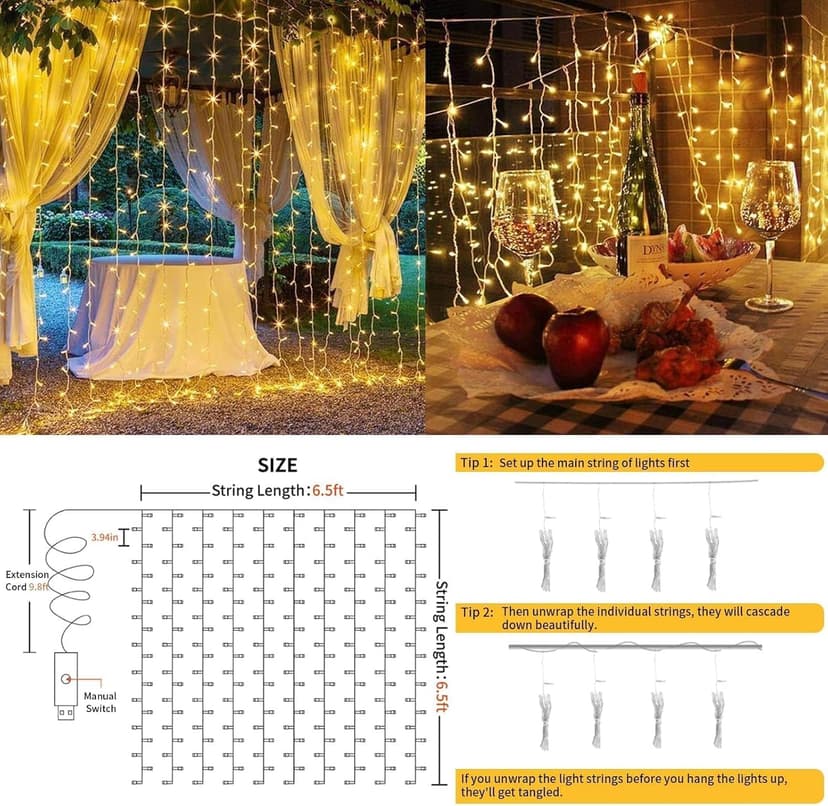 suddus Curtain Lights for Bedroom, 200 Led Hanging String Lights Outdoor, Fairy Curtain Light Indoor for Christmas, Dorm, Wall, Backdrop, Window, Wedding, Party, Brithday Decor, Warm White