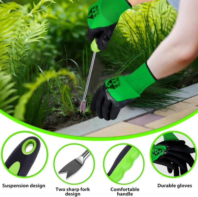 Dandelion Weed Puller Tool Garden Hand Weeder Remover Tool with Ergonomic Handle Stainless Steel with Gloves for Garden Planting, Flower and Vegetable Care in Patio Lawn Yard