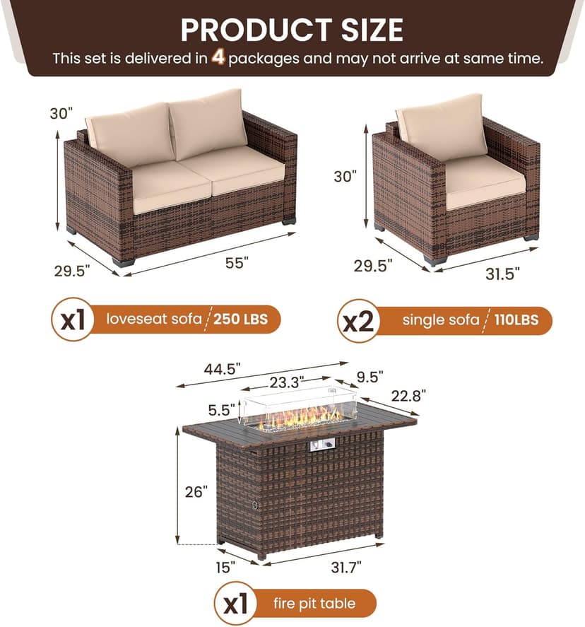 UDPATIO Patio Furniture Set with Fire Pit Table, 4 Pieces Outdoor Furniture Sets, Wicker Rattan Patio Conversation Sets with Outdoor Sofa Waterproof Covers for Porch Deck Backyard, Khaki
