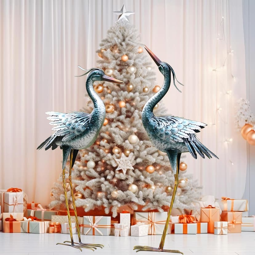 Chisheen Large Garden Crane Outdoor Sculptures, Metal Yard Art Heron Standing for Indoor Outdoor Decor, Bird Statues for Patio Lawn Porch Decorations, Set of 2