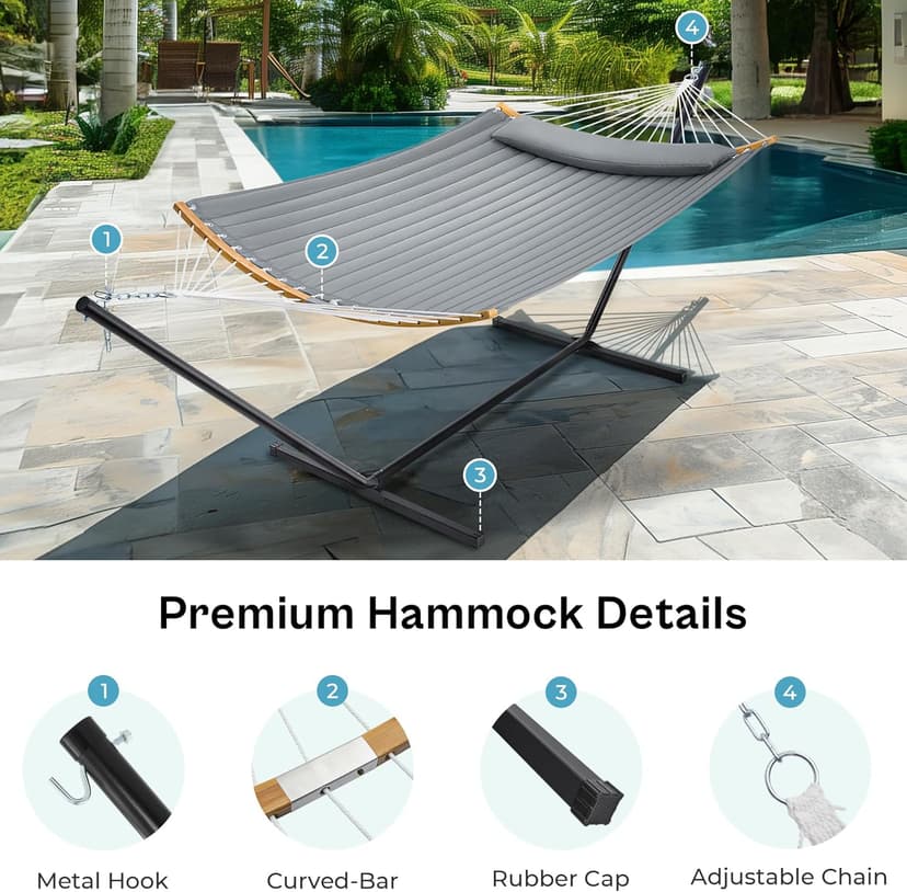 SUPERJARE Hammock with Stand, 2 Person Heavy Duty Hammock Frame, Detachable Pillow & Strong Curved-Bar & Portable Carrying Bag, Perfect for Outdoor & Indoor - Gray