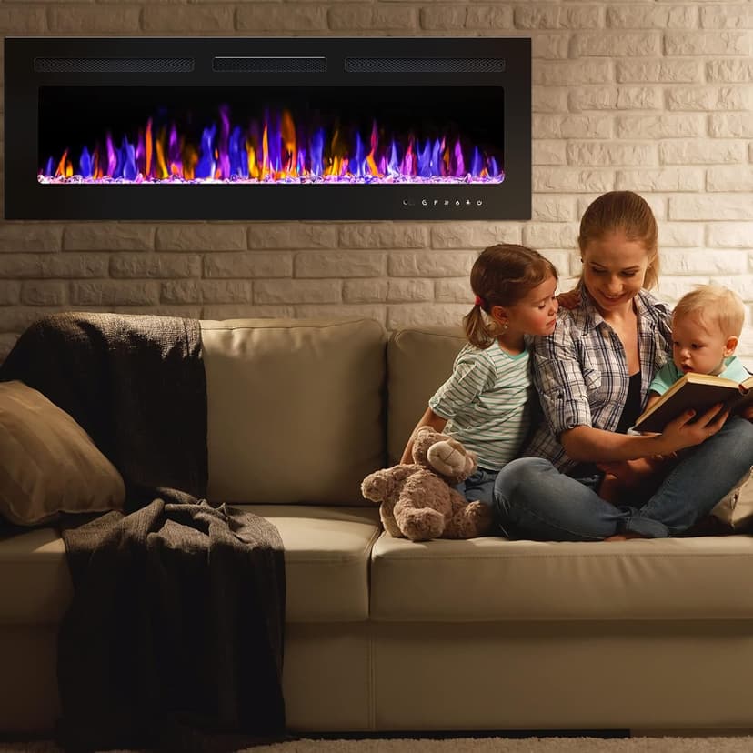 50" Electric Fireplace Wall Mounted and Recessed with Remote Control, 750/1500W Ultra-Thin Wall Fireplace Heater W/Timer Adjustable Flame Color and Brightness, Log Set & Crystal Options