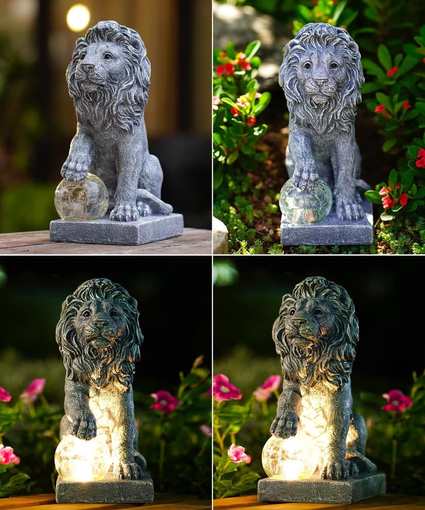 Nacome Solar Guardian Lion Garden Statue: Outdoor Decor Sculpture with Ball Lights for Yard Art Porch Patio - Unique Birthday Gifts for Women Mom