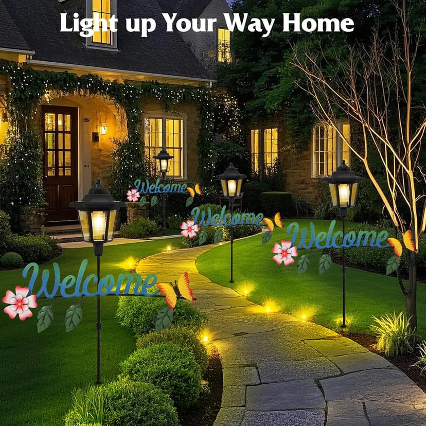 Solar Garden Lights Butterfly, 36.6 Inch Solar Lamp Post Light with Welcome Sign & Butterflies, Outdoor Waterproof Solar Stake Lights for Yard Porch Patio Pathway Gardening Gifts, 2 Pack