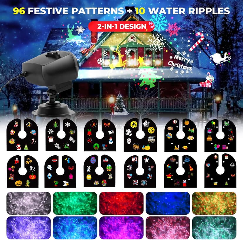 Halloween Christmas Projector Lights Outdoor Waterproof,15W Brighter HD Ocean Wave Effect,12 Slides 96 No Fade Pictures for Thanksgiving,New Year LED Projector Decoration