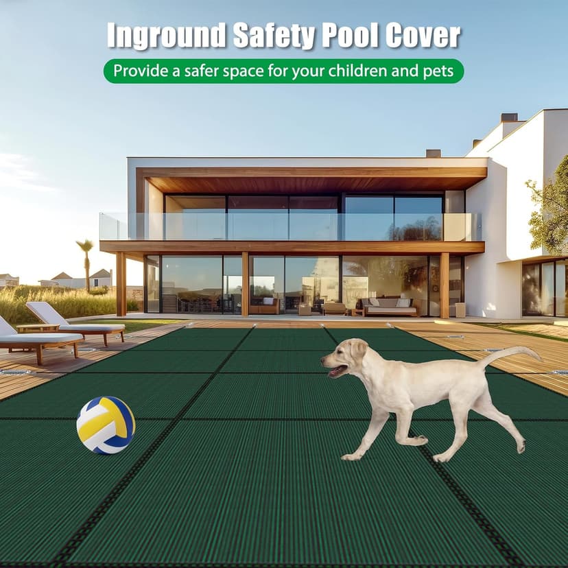Inground Pool Cover Safety Fits 15x30ft Rectangle Swimming Pool, Mesh Solid Pool Cover for Inground Pools,Winter Pool Safety Cover Includes Safety Net and Installation Tools Green