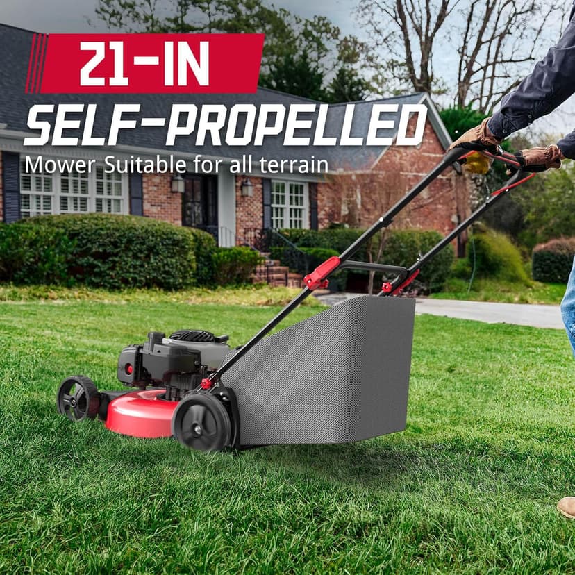 PowerSmart 21" 140cc Self Propelled Lawn Mower, 6-Position Adjustable Cutting Height, 3-in-1 with Mulching. Side Discharge. Rear Bagging, Easy Start
