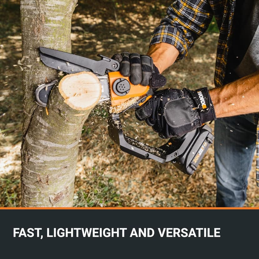 Worx 20V 5" Mini Cordless Chainsaw, 3.9 lbs, 22 ft/s Chain Speed, Power Share Battery, Upper & Hand Guard WG324 - Battery & Charger Included