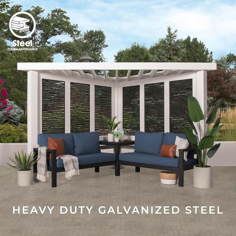 Backyard Discovery Ridgedale 12' x 8' Modern Glavanized Steel Cabana Corner Pergola with Conversation Seating, Shade Sail Canopy, Privacy Panels, Table for Outdoor Patio, Deck, Poolside, Entertaining