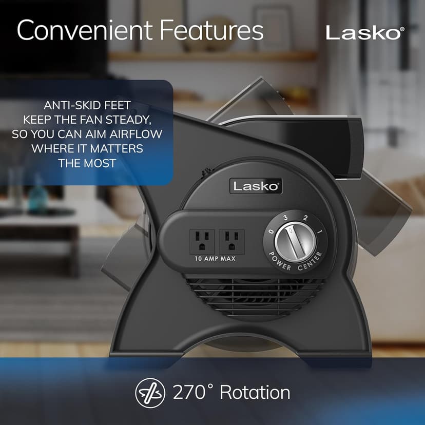 Lasko 12” Utility Fan for Job Site or Home Use, 289 CFM, Pivoting High Velocity Blower Fans, 3 Speeds, 2 Accessory Outlets 120V, Black, U12104