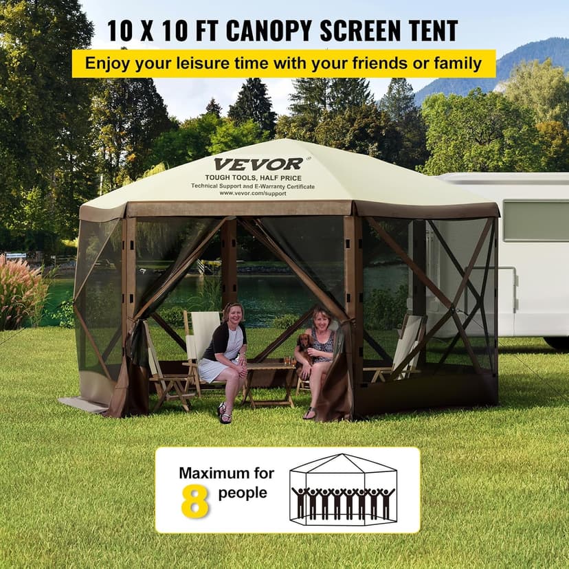 VEVOR Pop Up Gazebo Screen Tent, Pop-Up Instant Gazebo Tent with Mosquito Netting Outdoor Canopy, 6 Sided Sun Shelter 10x10ft with 6 Removable Wind Cloths & 2 Mesh Windows, Pavilion Tent for Patio