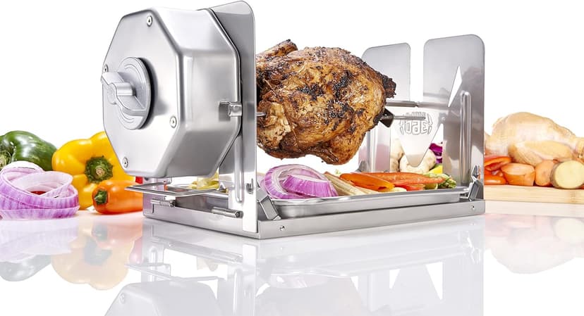 Cordless Universal Rotisserie Kit for Grills Ovens and Smokers - Non-Electric Wind-up Spit Roaster, Gas or Charcoal BBQ - Indoor/Outdoor (Stainless Steel)