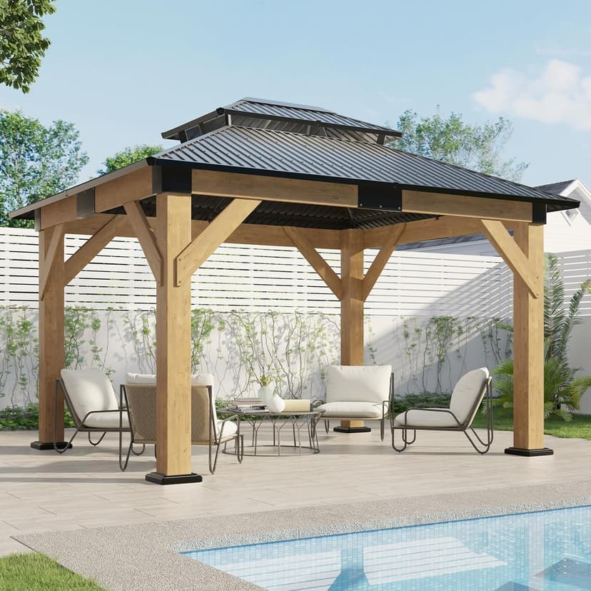 AMERLIFE 10x12 Solid Wood Gazebo, Hardtop Gazebo with Solid Spruce Frame and Aluminum Double Roof, Outdoor Pergola for Parties, Backyard, Patio, Lawns, Black + Natura Wood