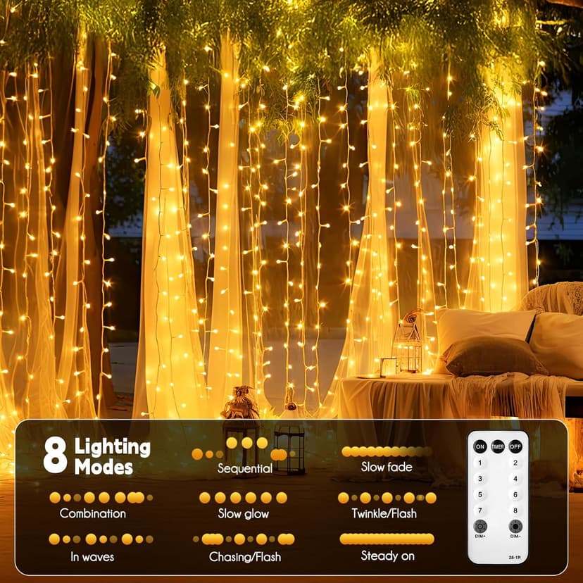 Brightown 300 LED Curtain String Lights, 9.8 FT Hanging Fairy Lights with Remote, 8 Modes, Connectable Waterproof Window Lights for Bedroom Backdrop Wedding Outdoor Christmas Party, Warm White