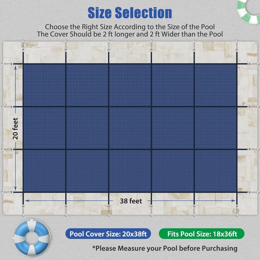 Inground Pool Cover Safety Fits Rectangle Swimming Pool, Mesh Solid Pool Cover for Inground Pools,Winter Pool Safety Cover Includes Safety Net and Installation Tools Blue (Blue, Fits 18x36ft Pools)