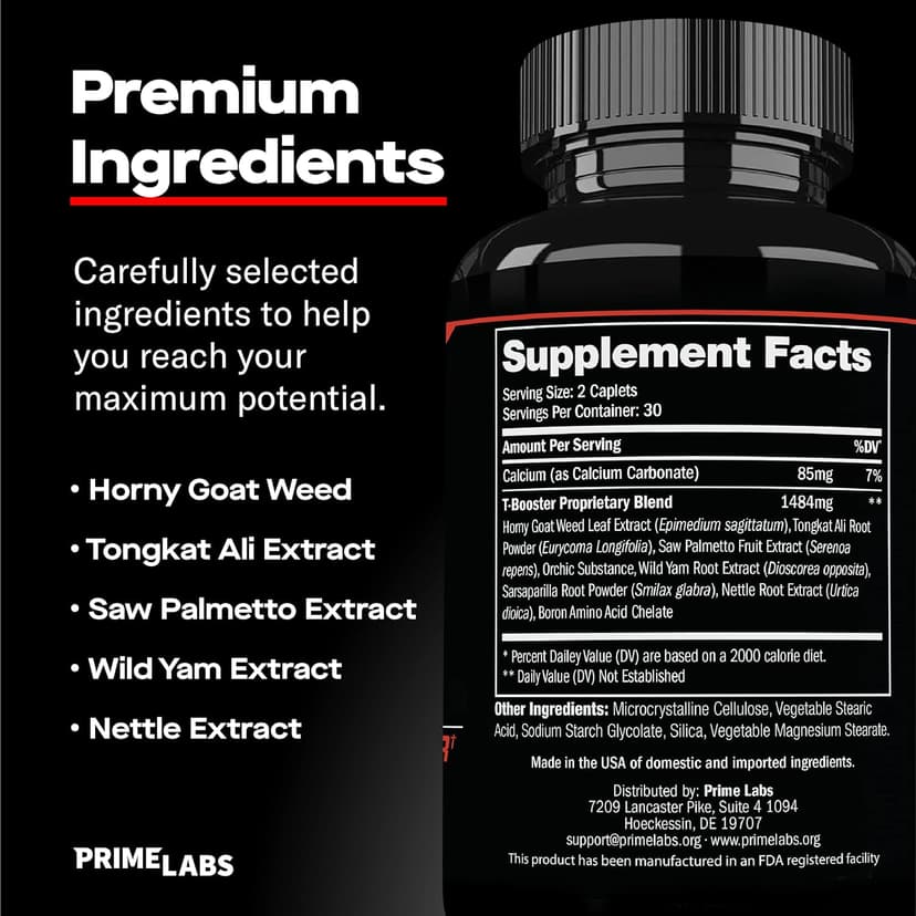 Prime Labs Men's Testosterone Booster - Stamina, Endurance, & Strength - 60 Caplets
