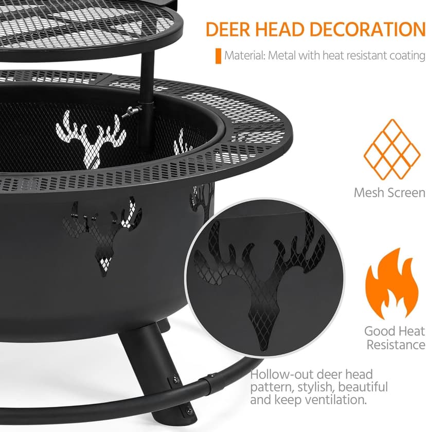 Yaheetech 32in Fire Pit Outdoor Wood Burning Firepits Outdoor Fireplace with 18.5 Inch Swivel Cooking Grill Grate & Poker Fire Bowl for Camping, Backyard, BBQ, Garden, Bonfire