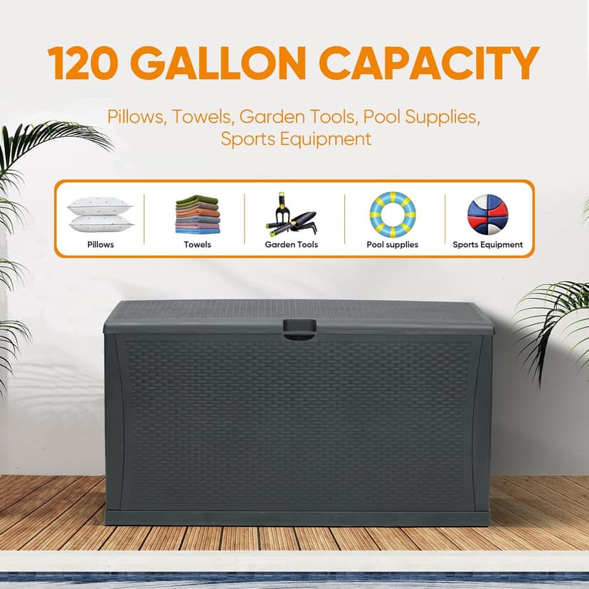 120 Gallon Resin Deck Box, Weatherproof Outdoor Storage Box for Patio, Garden, Pool, and Yard, Lockable Waterproof Bin for Tools, Cushions, and Accessories, Grey