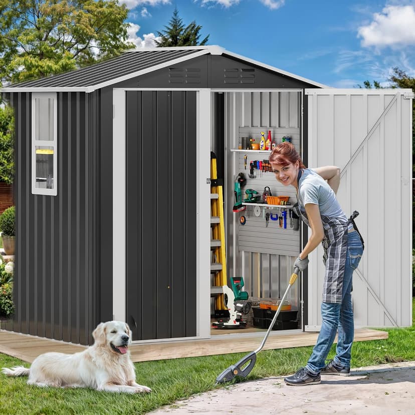 DWVO 6x4ft Outdoor Storage Shed with Window, Metal Lockable Metal Garden Shed with Sloped Roof for Tools, Bikes, Ideal for Backyard, Patio, Garage, Lawn (Gray + White)