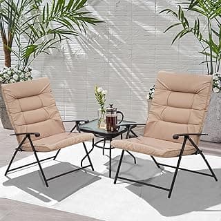 SUNCROWN 3-Piece Outdoor Furniture Patio Padded Folding Chair Set Patio Bistro Set Foldable Adjustable Reclining Lounge Chair with Coffee Table, Khaki