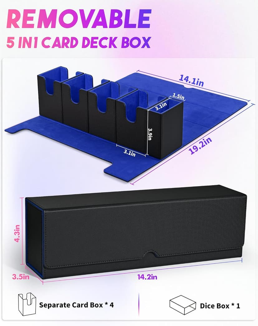 Modern Black&Blue Card Deck Box with Dice Tray for MTG, Yugioh, Sports Cards, Holds 800+ Unsleeved Cards, 5-in-1 Organizer with Playmat Lid