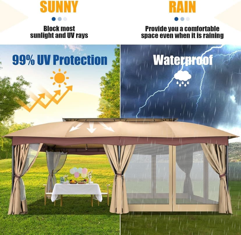 HOTEEL Gazebo 12x20, Outdoor Gazebo on Clearance with Double Ventilated Arc Roof, Privacy Curtains & Mosquito Netting, Easy Set up Canopy Tent with Stable Metal Frame for Patio, Khaki (Upgraded 2.0)