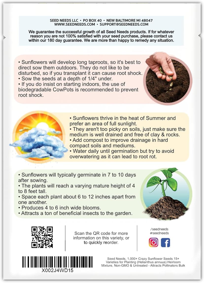 Seed Needs Sunflower Seeds for Planting The Original Crazy Blend | 1 Ounce 15+ Heirloom Varieties Open Pollinated & Untreated | Resealable Bulk Package Multicolored Blooms Flower Seeds