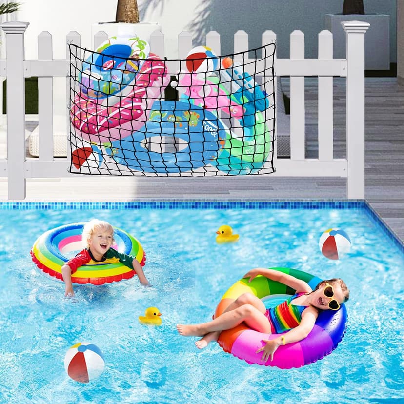 Pool Toy Float Storage Net - 71*47 Inch Extra Large Elastic Mesh Fence Net with 20 Hooks Outdoor Hanging Pool Storage Organizer for Pool Floats, Swim Rings, Balls, Inflatable Toys Pool Accessories