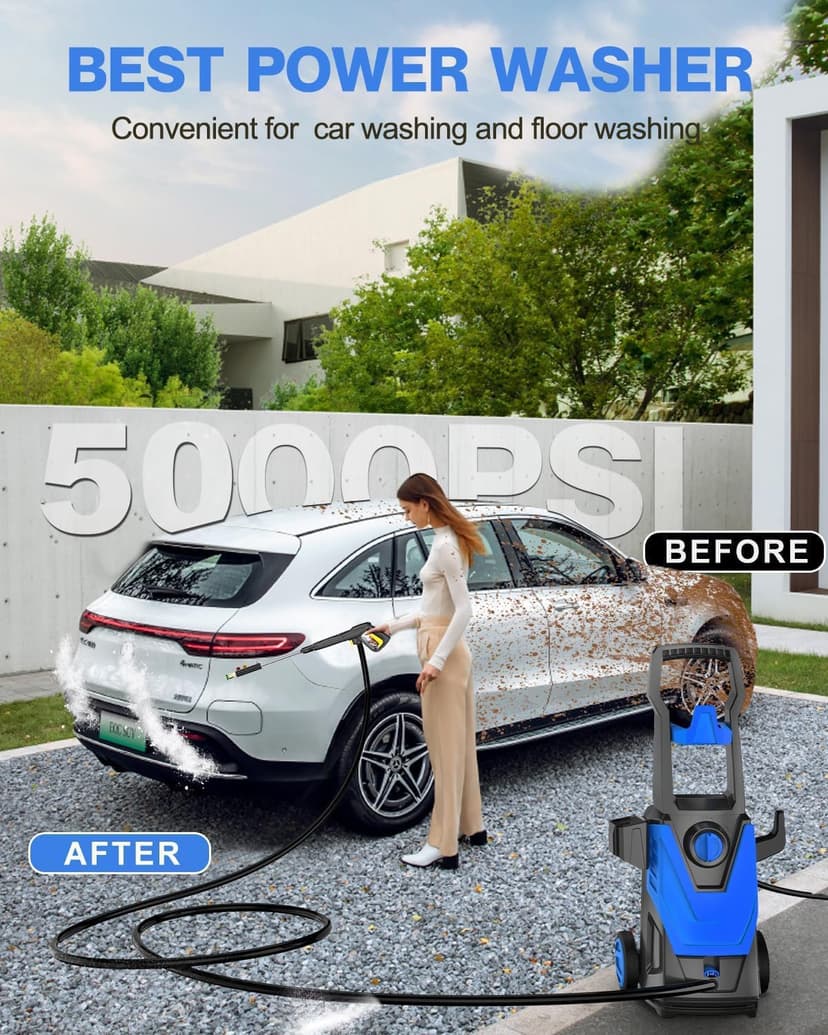 AgiiMan Electric Pressure Washer, 5000PSI Max 3.2GPM Power Washer Electric Powered with 20FT Hose, 4 Nozzles, Foam Cannon, High Pressure Cleaner Machine for Cars, Patios, Driveways, Fences, Navy