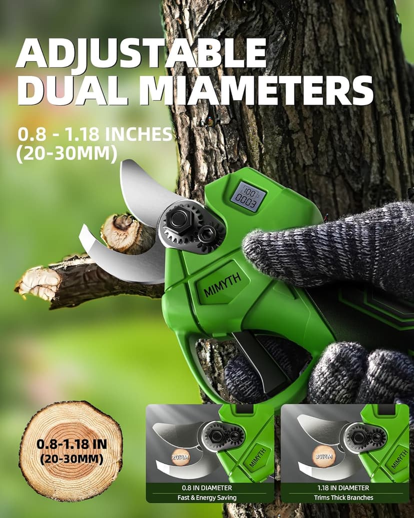Cordless Electric Pruning Shears for Gardening, Brushless Electric Scissors & Pruners for Gardening w/ 2 21V Batteries, Display, Adjustable Mode for 1.4'', Tree Branch Cutter,Tree Trimming (LeafGreen)