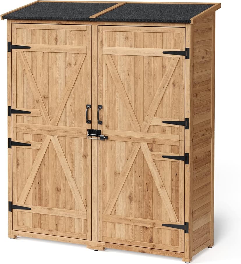 Gizoon Outdoor Storage Cabinet with Waterproof Roof, Double Lockable Doors Garden Shed with 2 Removable Shelves, Wooden Storage Shed with Large Storage Space for Patio, Garden, Backyard, Lawn