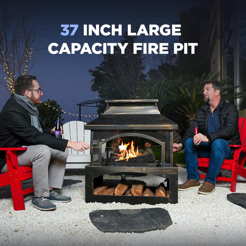 Red Mountain Valley 37" Fire Pits with Wood Storage for Outside, Large Wood Burning Outdoor Fireplace with Chimney, Mesh Spark Screen & Fire Poker, Idea for Backyard, Patio, Party, Camping, Picnic