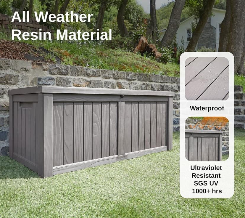 EAST OAK Outdoor Storage Box, 120 Gallon Deck Box with Stainless Steel Rods Large Resin Storage Bin for Patio Cushions, Garden Tools, Waterproof and UV Resistant, Lockable, outside storage, Grey