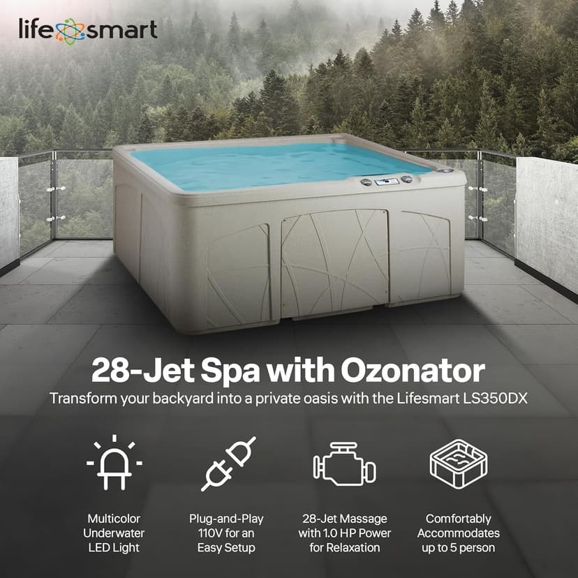 Lifesmart 5-Person Hot Tub, Portable Outdoor Spa w/LED, Waterfall, Cover & Ozonator, Sand