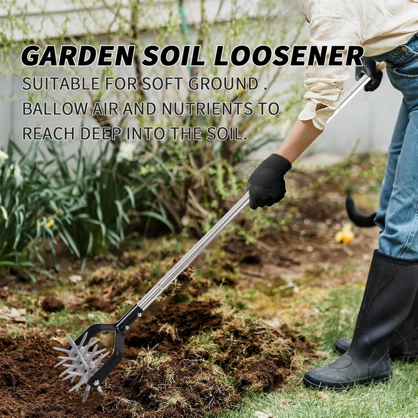 Rotary Garden Tool, Adjustable Hand Tiller, Long Handle Cultivator for Aerating, Weeding, Planting and Mixing Soil or Reseeding Grass
