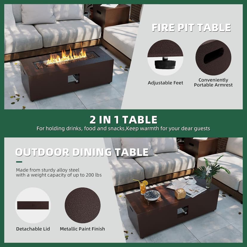 UPHA 42-inch Outdoor Propane Gas Fire Pit Table 50000 BTU Iron Rectangle FirePit for Outside Patio with Tank Hidden Table, Removable Lid, Lava Rocks, Rain Cover, Brown