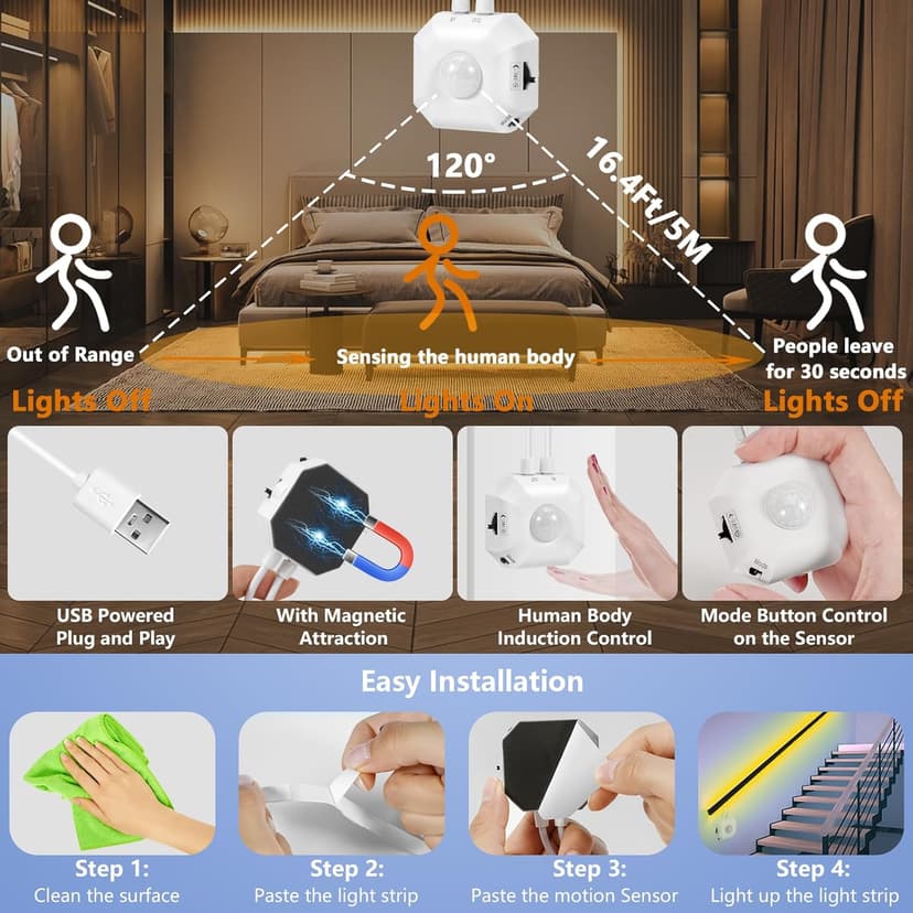 HOUHUI Motion Sensor Light Indoor Under Bed Lights, 16.4Ft Dimmable Motion Activated LED Strip Lights for Bedroom, Warm White USB Under Cabinet Lights Motion Sensor LED Strip for Kitchen Stair Closet