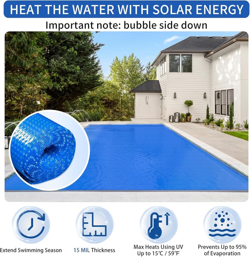 Evoio Solar Pool Covers, 12 x 24 Foot Solar Pool Blankets for Inground Above Ground Rectangular Swimming Pools, Heavy-Duty Floating Bubble Pool Hot Tub Spa Solar Covers Thermal Blanket (12 x 24 Ft)