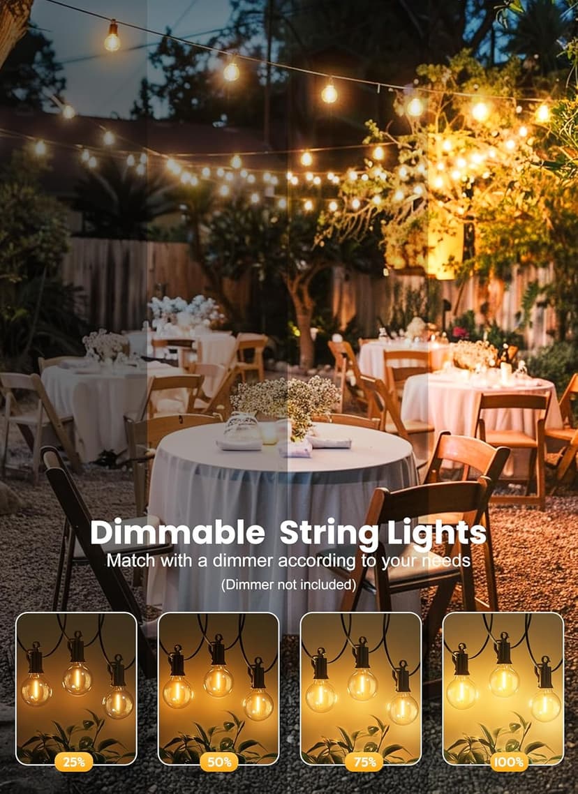 Brightown Outdoor String Lights - Connectable Dimmable LED Patio String Lights with G40 Globe Plastic Bulbs, All Weatherproof Hanging Lights for Outside Backyard Porch (50 ft - 25 LED Bulbs)