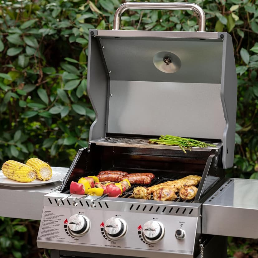 Royal Gourmet GG3001S 3 Burner Propane Gas Grill with Warming Rack, Stainless Steel Cabinet Style Gas Grill with 25,500 BTUs Output for Barbecue Grilling & Backyard Cooking, Silver