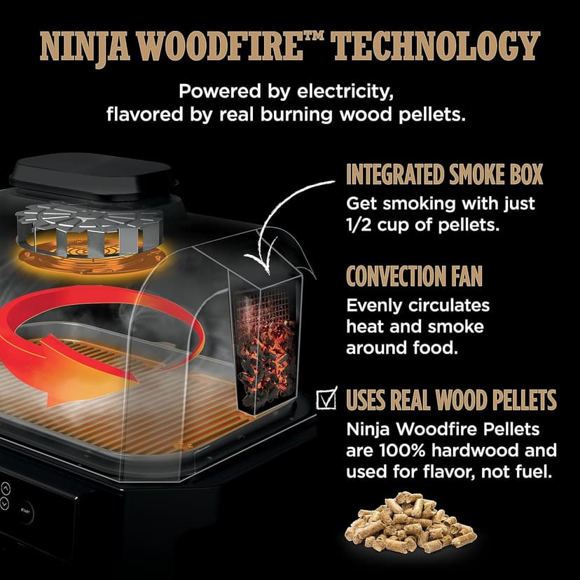 Ninja, Woodfire Pro XL Outdoor Grill & Smoker, Thermometer, 4-in-1 Master Grill, BBQ Smoker, Outdoor Air Fryer, Bake, Portable, Electric Grill, Dark Grey, OG850