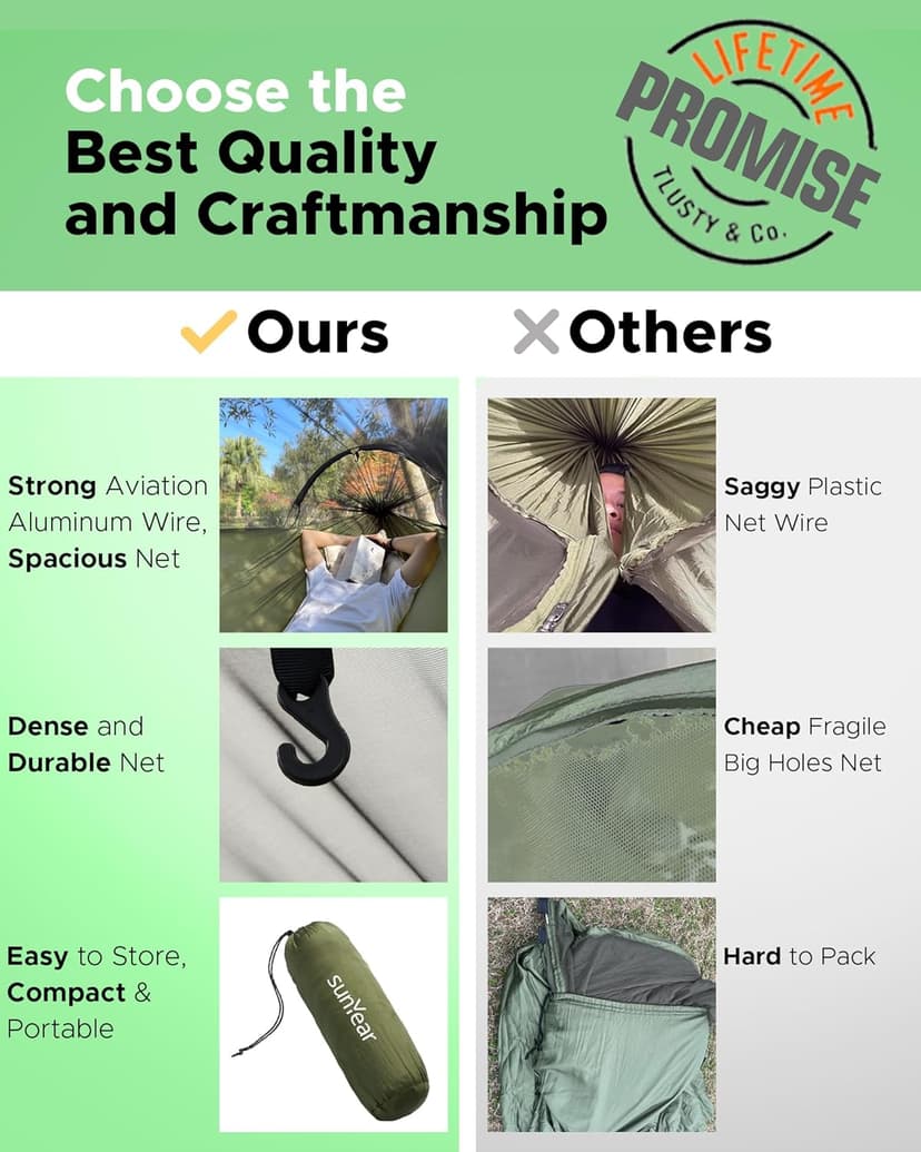 Sunyear Camping Hammock with Net - Double&Single Hammock with House-Like Net- Easy Setup & Pack, Lightweight & Portable, Perfect for Hiking, Backpacking, Outdoor Sleeping