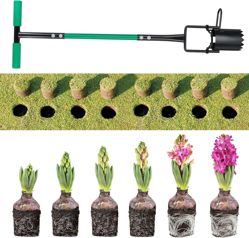 5-in-1 Lawn Plug Garden Tool, Updated Bulb Planter Long Handle for Digging, Weeding, Soil Sampler, Transplanting, Sod Plugger with for Digging Holes to Plant Tulips, Iris, Daffodils