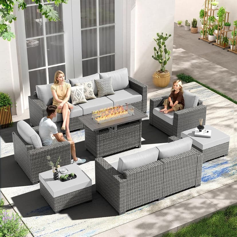 Patio Furniture Set with 44'' Fire Pit Table, 7 Piece 60,000 BTU Comfortable Wicker Rattan Outdoor Furniture Set with Propane Fire Pit, Patio Conversation Set for Porch,Deck,Poolside,Grey