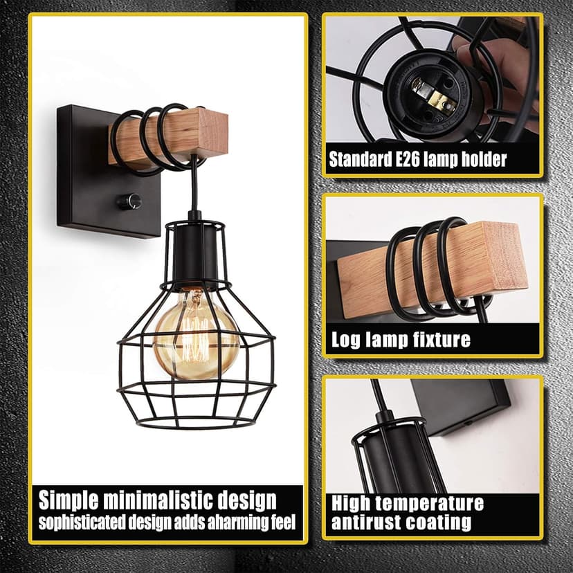 Black Wall Sconces with Dimmer ON/Off Switch, Cage Wall Mount Light Fixture Industrial Farmhouse Lighting for Living Room Kitchen, C71Y215