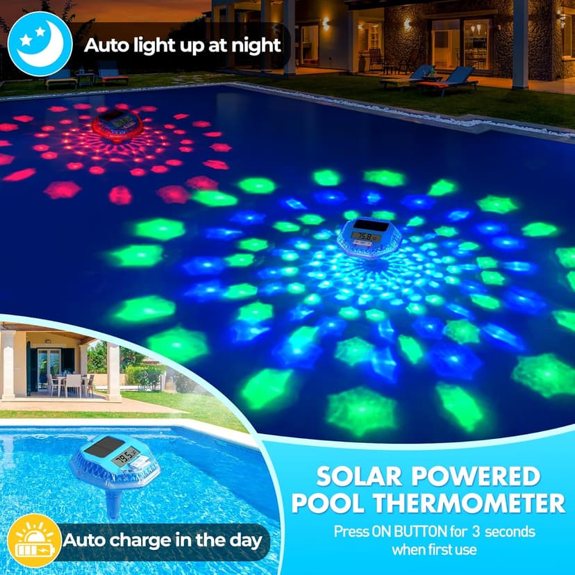 2025 Upgrade Digital Pool Thermometer Floating Easy Read, Solar Pool Thermometer with Dynamic Light Show, Large LCD Screen & IP68 Waterproof Pools Water Temperature Thermometers for Hot Tub