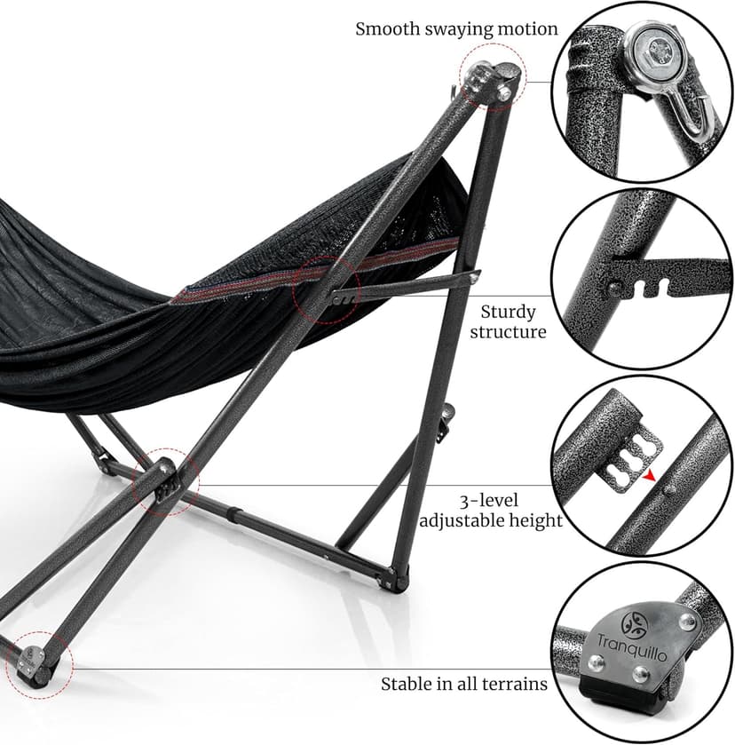 Tranquillo Hammock Stand 600 lbs Capacity, Instant 20s Foldable, 3-Year Warranty Hammock with Stand, 2 Person Camping Revolutionary Portable No Screws, Premium Hammocks, Black