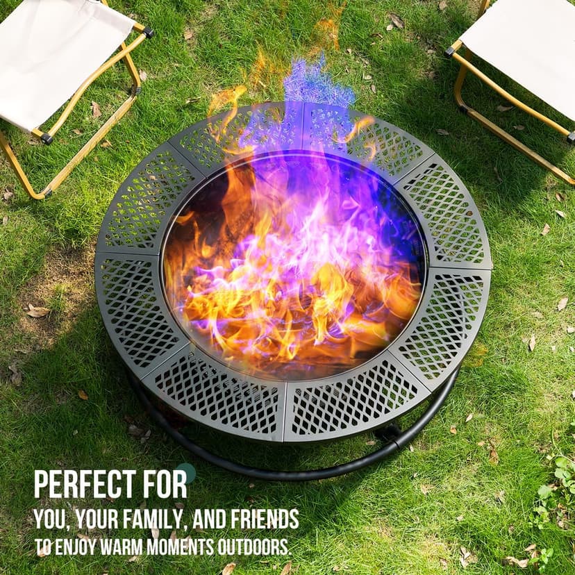 42 Inch Outdoor Fire Pit with Grill, Large Firepit Table for Outside, Metal Round Firepits with Lid&Fire Poker,3 in 1 Wood Burning Fire Pits & Outdoor Fireplaces for Backyard,Patio(Black)